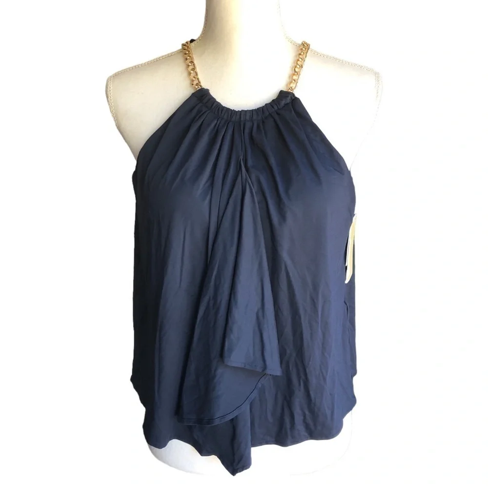 Michael Kors Gold Chain High Neck Flowy Tankini Top Blue Size Small